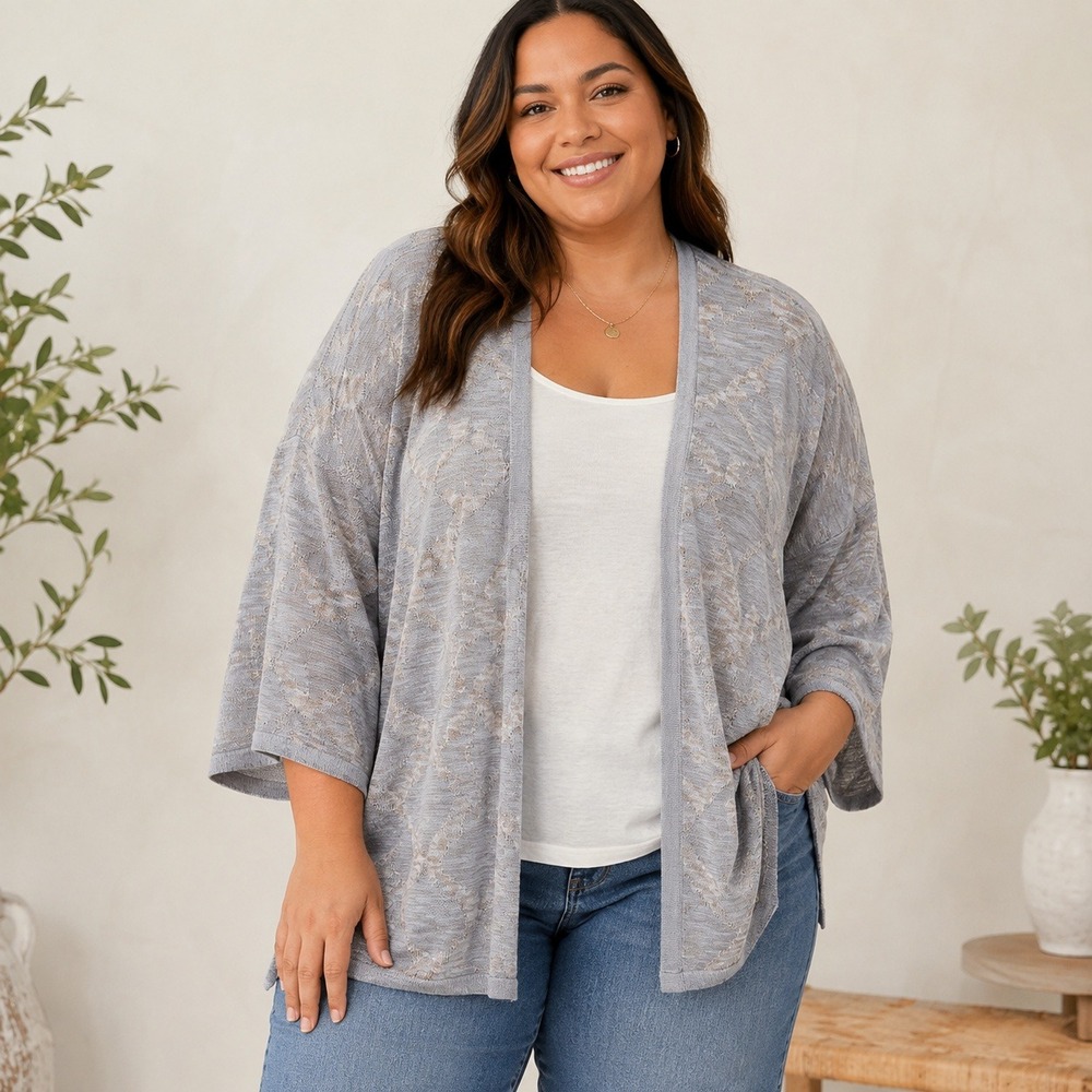 Pure Jill J. Jill Gray Tan Jacquard Open Front Cardigan Sweater XL Cotton Rayon